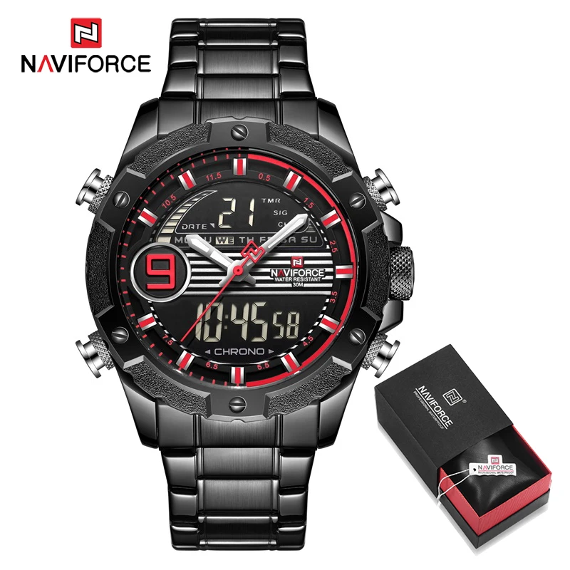 NAVIFORCE, мужские спортивные, светодиодный, цифровые часы, мужские, многофункциональные, кварцевые, водонепроницаемые наручные часы, мужские, двойной дисплей, часы, мужские и подарочная коробка - Цвет: Black Red in Box