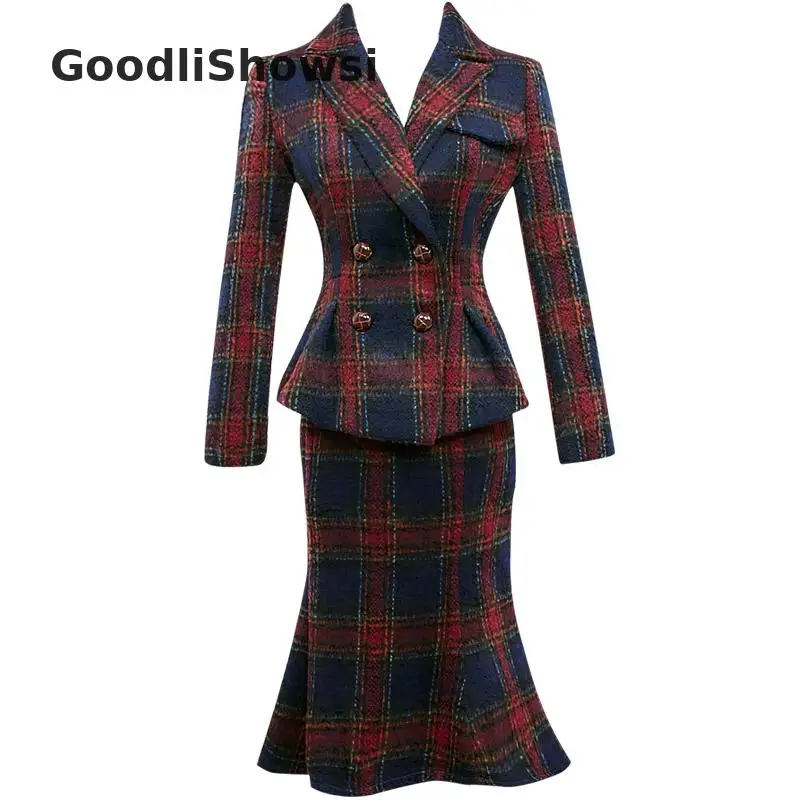 GoodliShowsi, Новое поступление, модные комплекты из 2 предметов, женские комплекты, шерстяной клетчатый костюм, Топы+ юбка «рыбий хвост», костюмы, подходящие комплекты, наряды