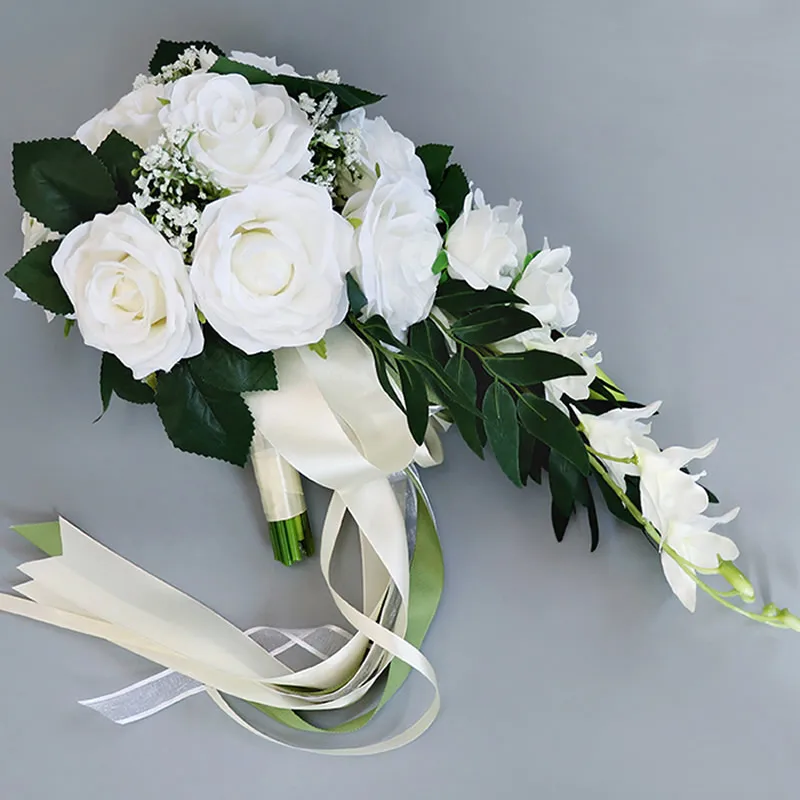 IVORY\CREAM LARGE VINTAGE ROSE & PEARLS POSY WEDDING BRIDE BOUQUET SILK FLOWERS 
