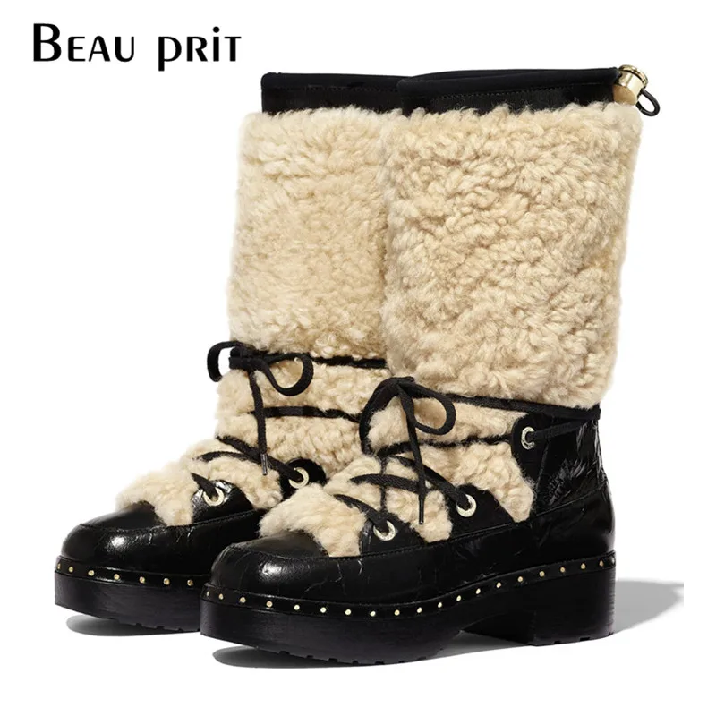 

Woolen Black Fur Snow Boots Women's Winter Shoes Warm Plush Platform Middle Calf Booties botas mujer invierno 2019