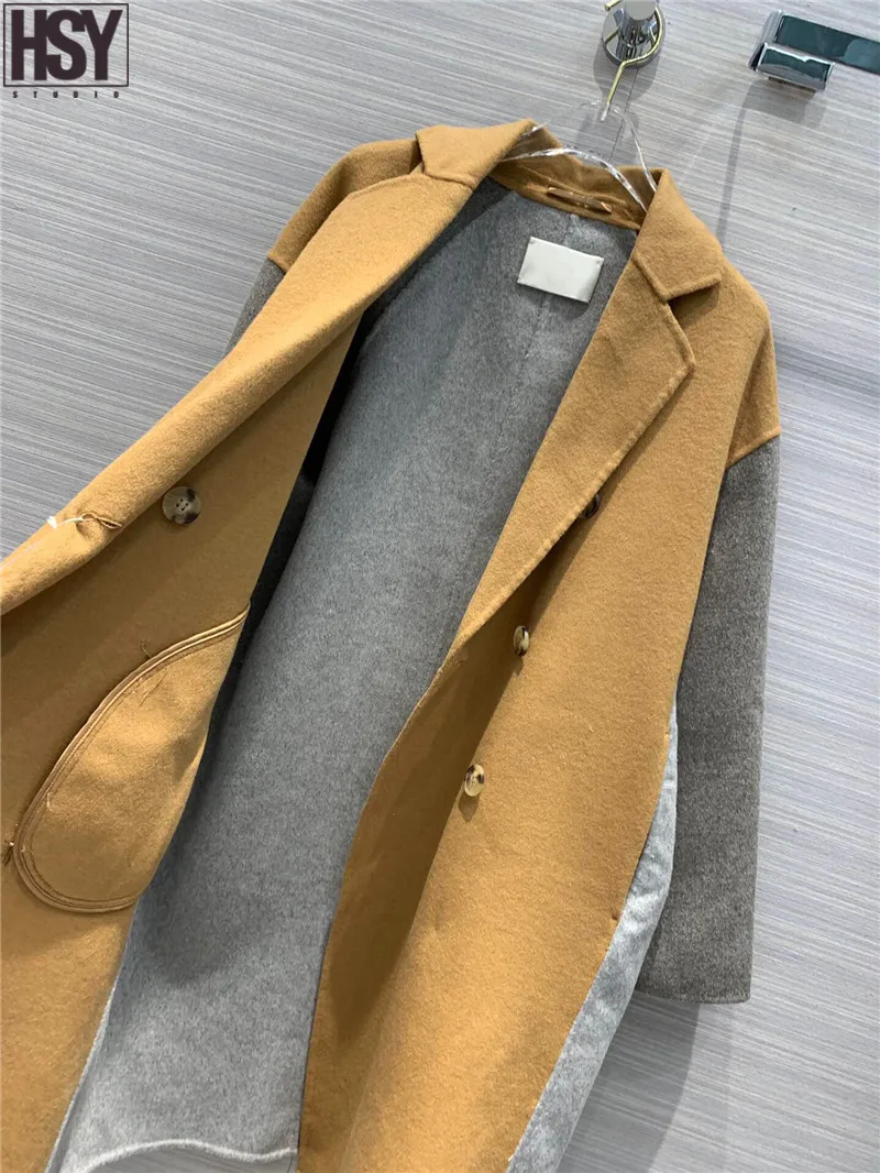 【HSY】 Осень Зима Новое Женское пальто Лотос карамель лоскутное классический двубортный силуэт стиль ручной работы шерстяное пальто