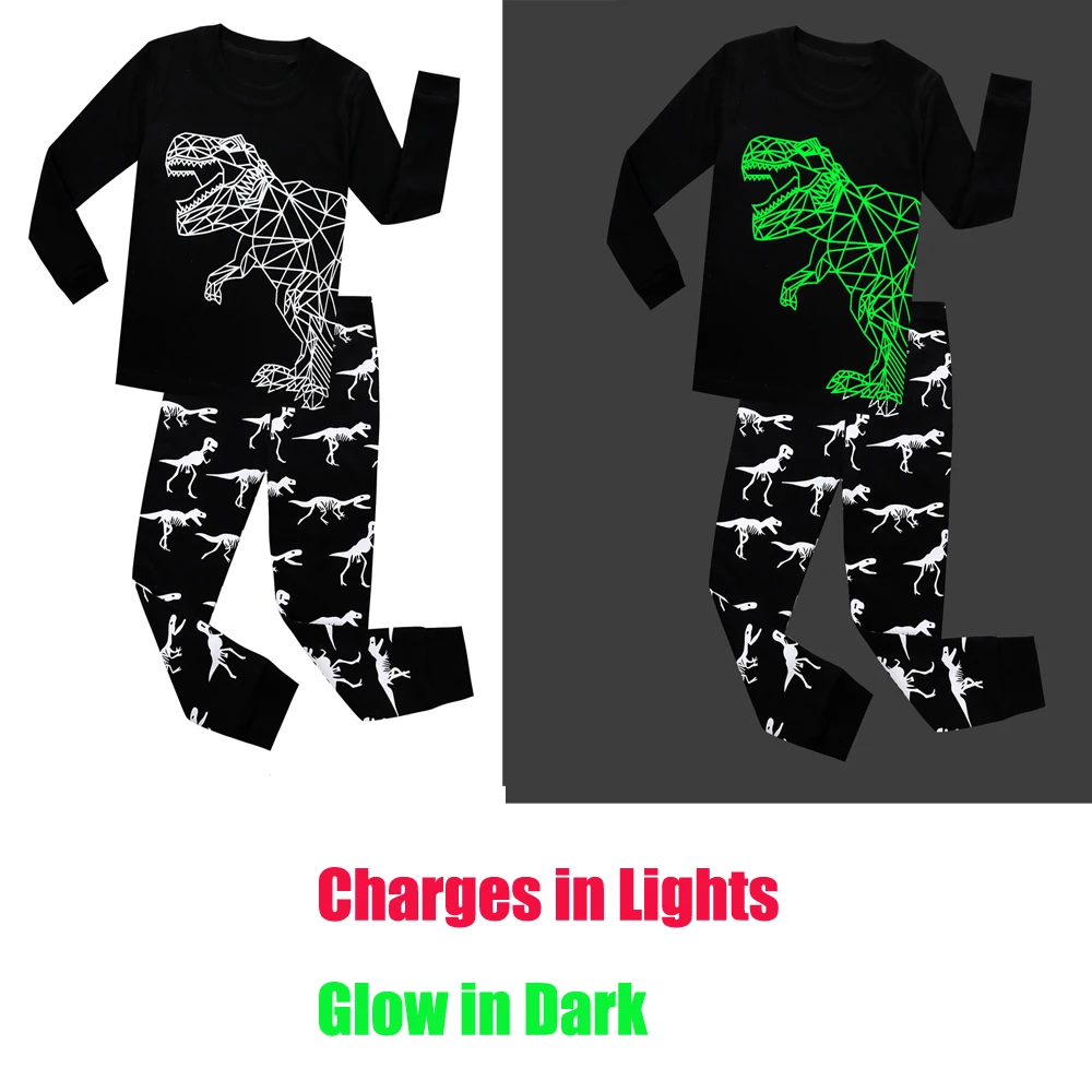 Pijamas de niños y niñas conjuntos de ropa de dormir que brillan en la oscuridad de Pijamas luz verde ropa de dormir niños ropa de algodón traje de manga completa pijama