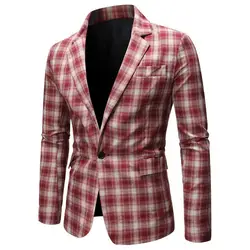 Single Button Men Blazer Lapel Casual Long Sleeve Plaid Print Suit Coat Workwear