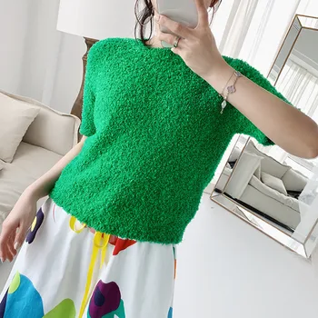 

Women Green Knitted Sweater Casual O Neck Knitted Pullover Short Sleeve Knitwear T-shirt Spring Summer Top