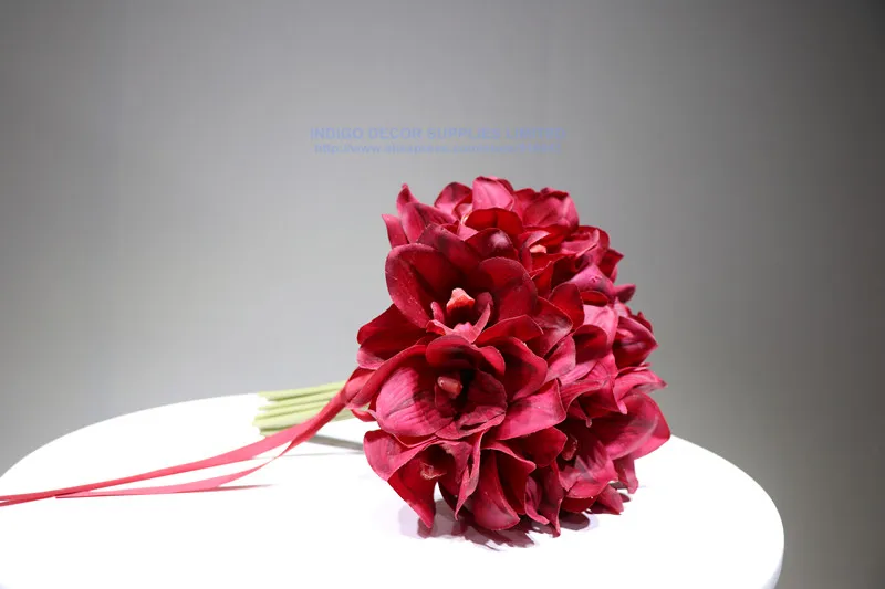 INDIGO Designed- 21 pcs/Lot Red Cymbidium Orchids New Style Bride Banquet Real Touch Flower Wedding Party Free Shipping