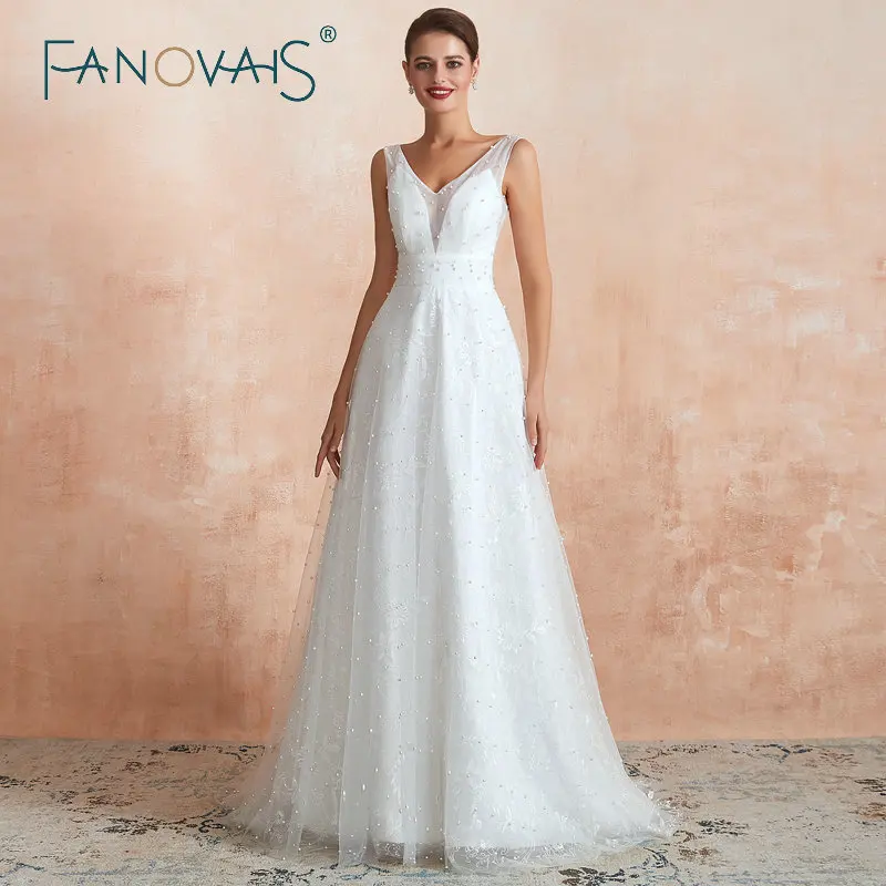 

V Neck Pearl Beads Wedding Dresses Vestido de Novia Bridal Gowns Robe de Mariee Lace Simple Elegant abendkleider