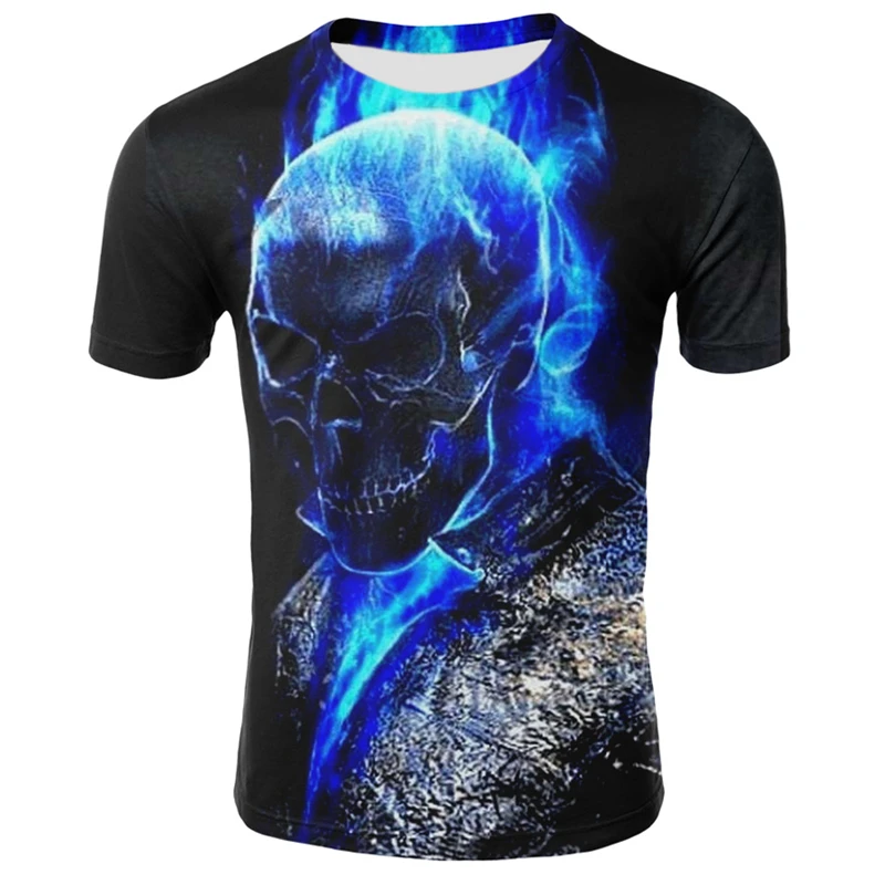 Mens Skull T Shirts Fashion Summer Short Sleeve Ghost Rider Cool Tshirt 3d Blue Skull Print