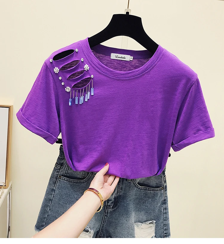 Новинка, Женская свободная футболка в Корейском стиле, 2XL, женские футболки с дырками, топы для студентов, футболка с короткими рукавами, топы, одежда