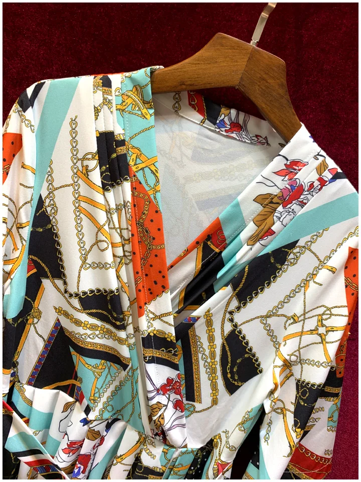 Vintage Style Women Long Dress V Neck Printed Ankle Length Big Swing Dress High Waist Fashion Sashes Clothes Feminina