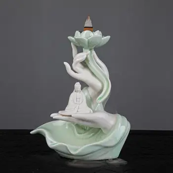 

White Ceramic Smoke Waterfall Incense Stick Holder Buddha Hand Backflow Incense Burner Guanyin Creative Ornaments Home Decor