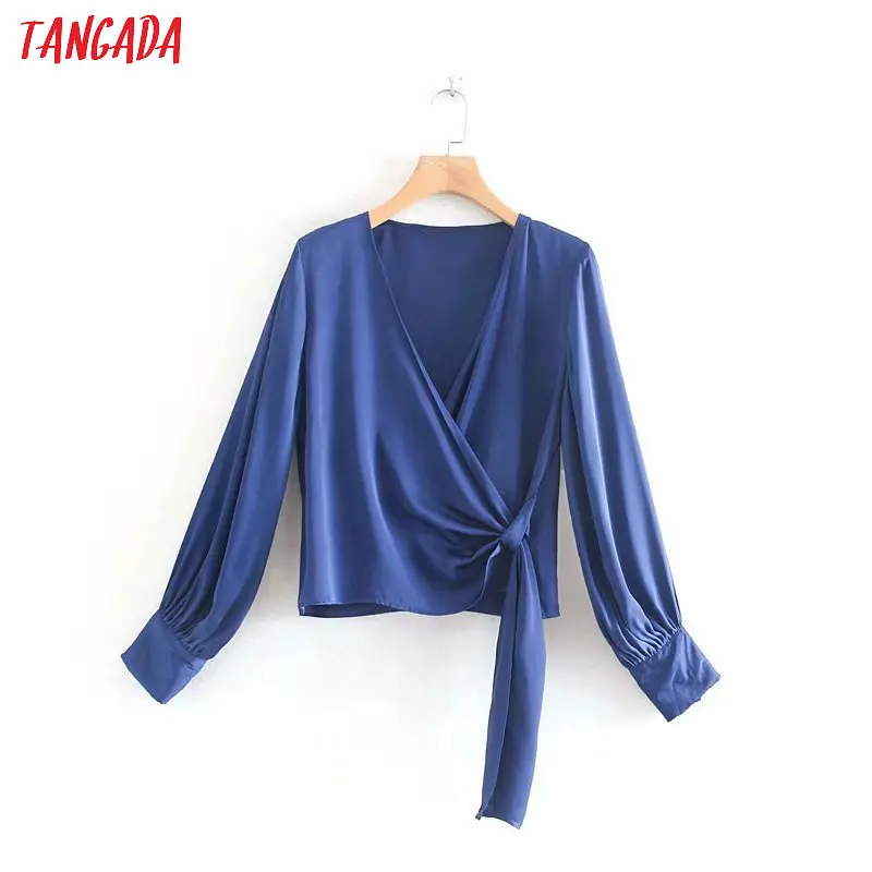 

Tangada women blue knot pleated blouse short style sexy lady shirt female vintage female tops blusas mujer 2W89