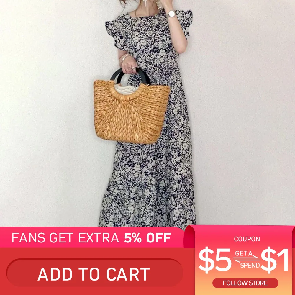 Женское длинное платье в японском стиле с цветочным принтом летнее макси рюшами