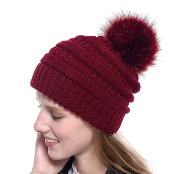 

Women Winter Warm Hats Solid Colors Knitted Outdoor Ski Caps Warm Cute Faux Fur Pom Pom Ball Beanie Hat 1Pcs