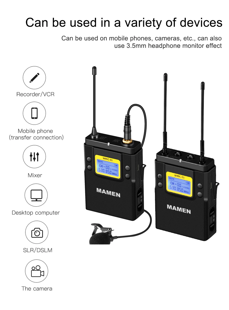 MAMEN WMIC-01, профессиональный беспроводной микрофон с приемником, 50 каналов, 60 м Диапазон, конденсаторный микрофон для камер, телефонов