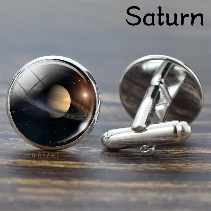 Saturn Full Moon Solar System Planet for Men Cufflinks Set Galaxy Nebula Earth Sun Jupiter Jewelry Suit Shirt Silver Cuff Links Gift - Окраска металла: Saturn