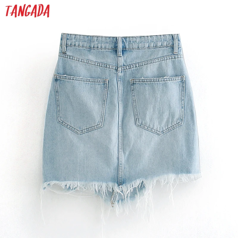 Tangada women blue denim Ripped skirts high waist summer female mini skirt ladies 3L71