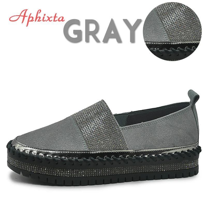Gray Aphixta/замшевая кожаная обувь; женская обувь на плоской подошве с разноцветными кристаллами; обувь на плоской подошве без застежки ручной работы; женская обувь на платформе - Цвет: Gray