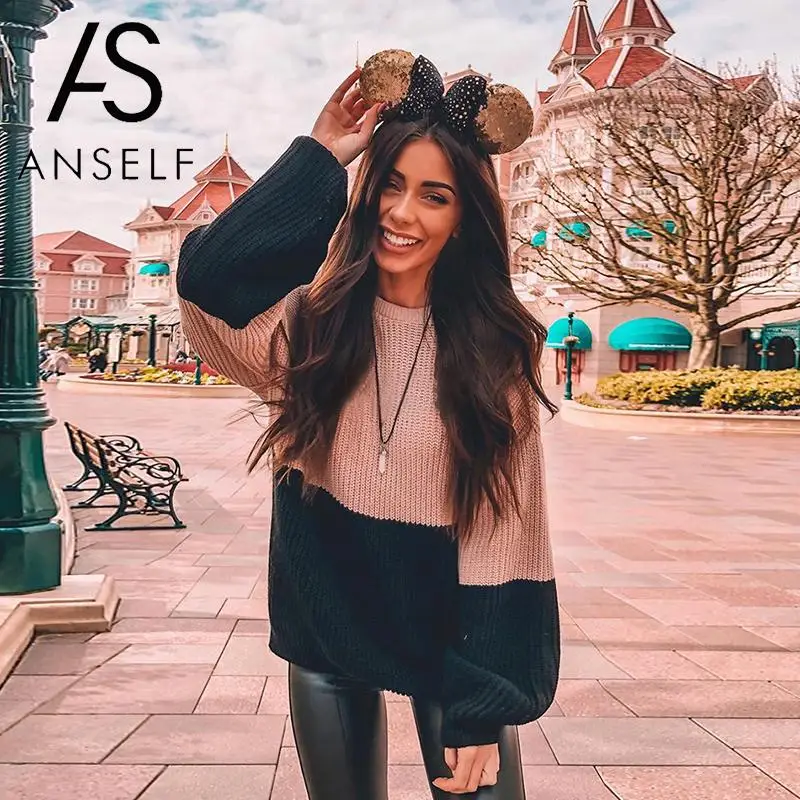 

ANSELF 2019 Winter Woman Sweater Knitting Pullover Knitted Sweater Color Block Dropped Shoulder Long Sleeve Ribbed Streetwear