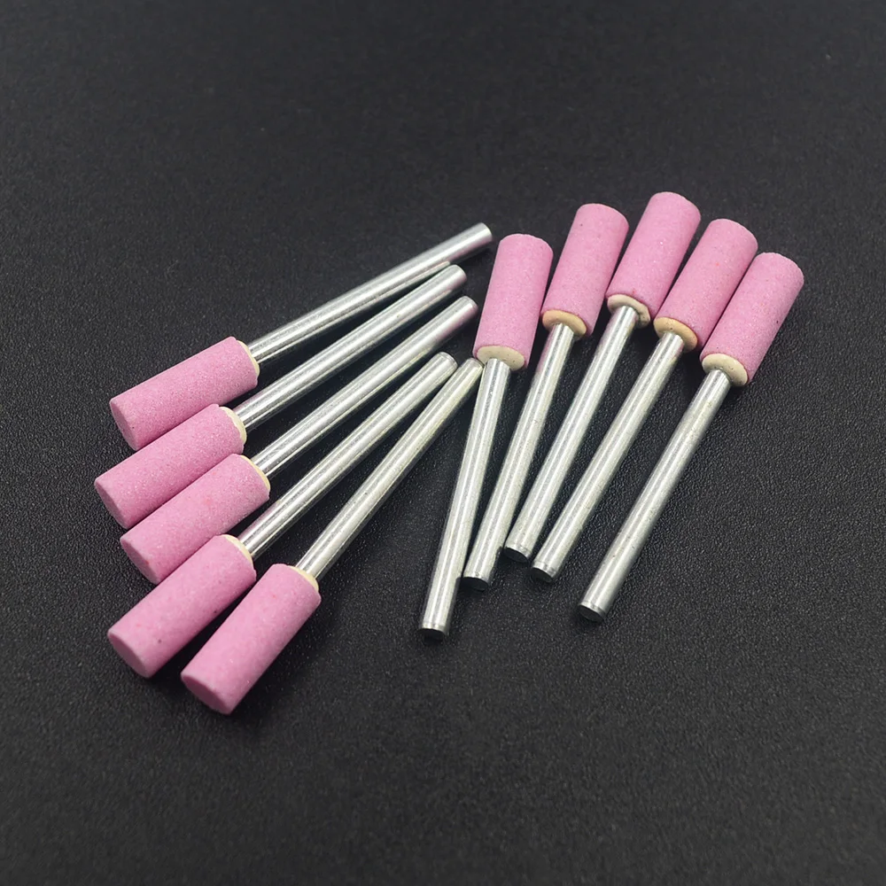 10Pcs 3Mm Montato Su Albero In Ceramica Testa Abrasiva Lucidatura Mola Abrasiva Dremel Utensili Elettrici Rotanti Cilindro Rosa