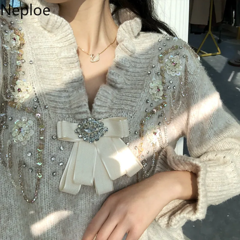 Neploe Fashion V Neck Beading Bow Sequin Design Sweater Elegant Loose Autumn Winter Bottom Pull Femme Long Sleeve Pullover 47555 | Женская