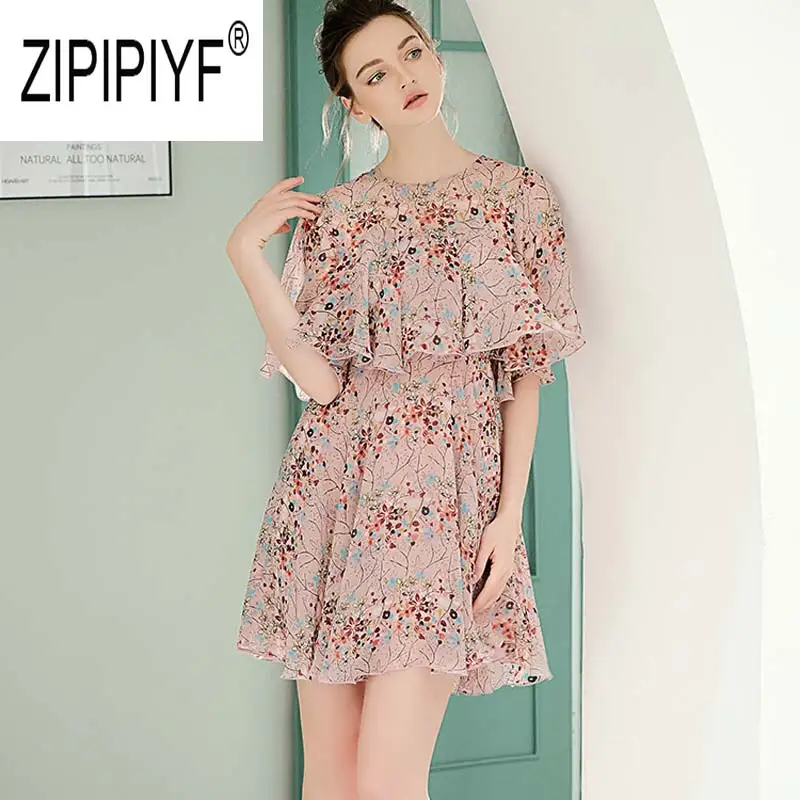 Pink Летние модные женские пляжные платья с круглым вырезом и коротким рукавом, а-силуэт, шифоновые платья с цветочным принтом, офисные женские платья с оборками, Z2229 - Цвет: Pink