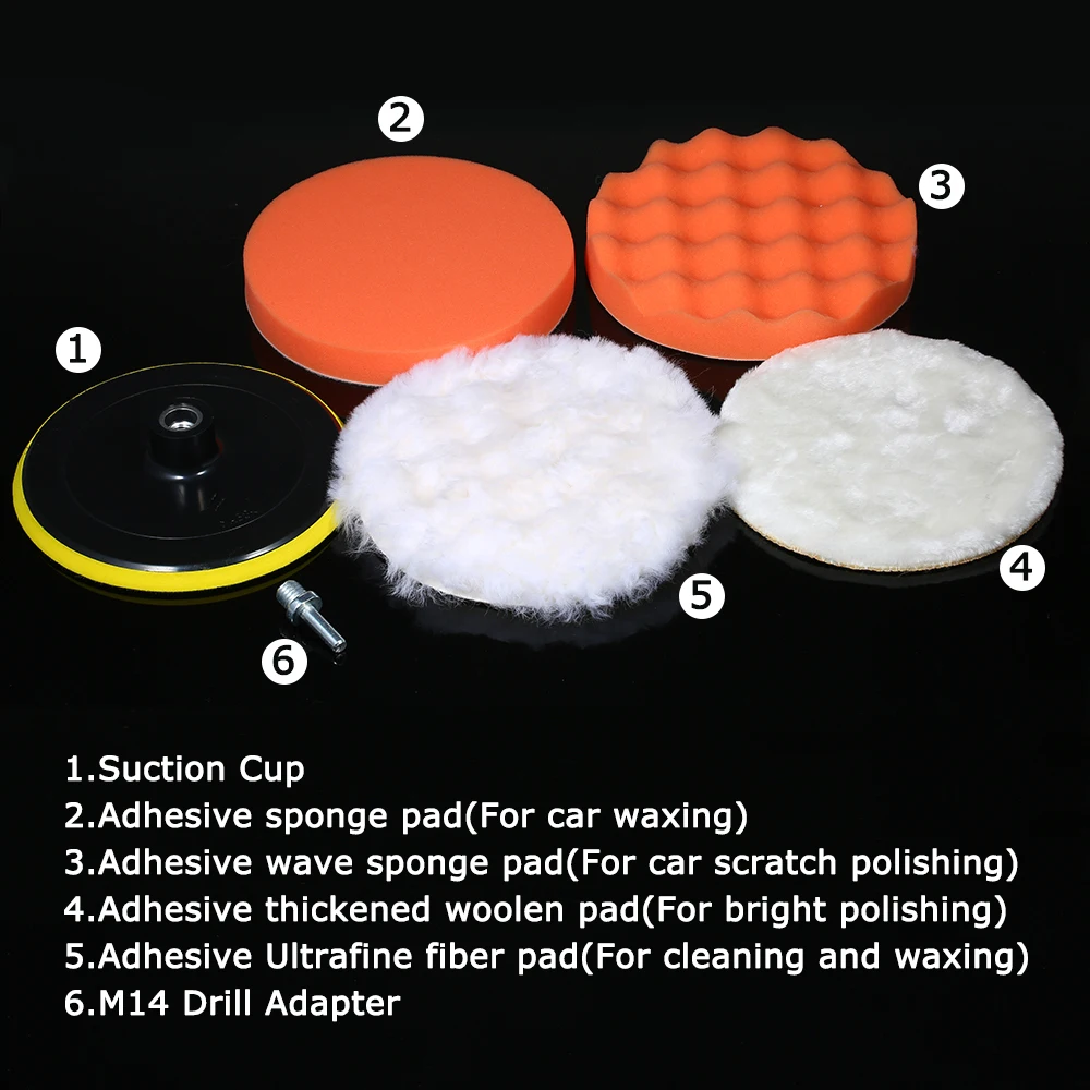 6pcs 4-7inch Car Foam Polishing Wheel Sponge Polishing Waxing Buffing Pad Kits with M14 Drill Adapter Threaded