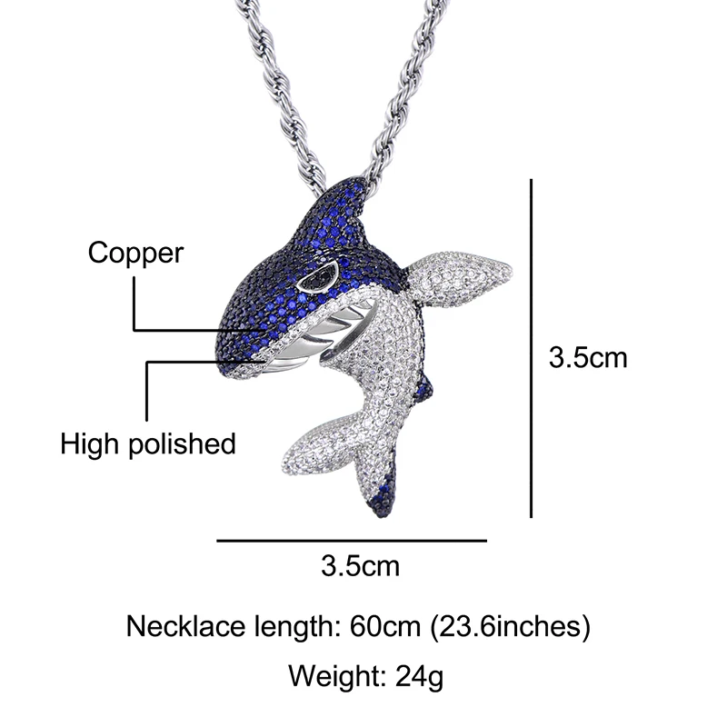 Хип-хоп Шикарный Блестящий ледяной с фианитами в микро-паве синий в форме акулы ожерелья и подвески для мужчин раппер ювелирные изделия с теннисная цепочка