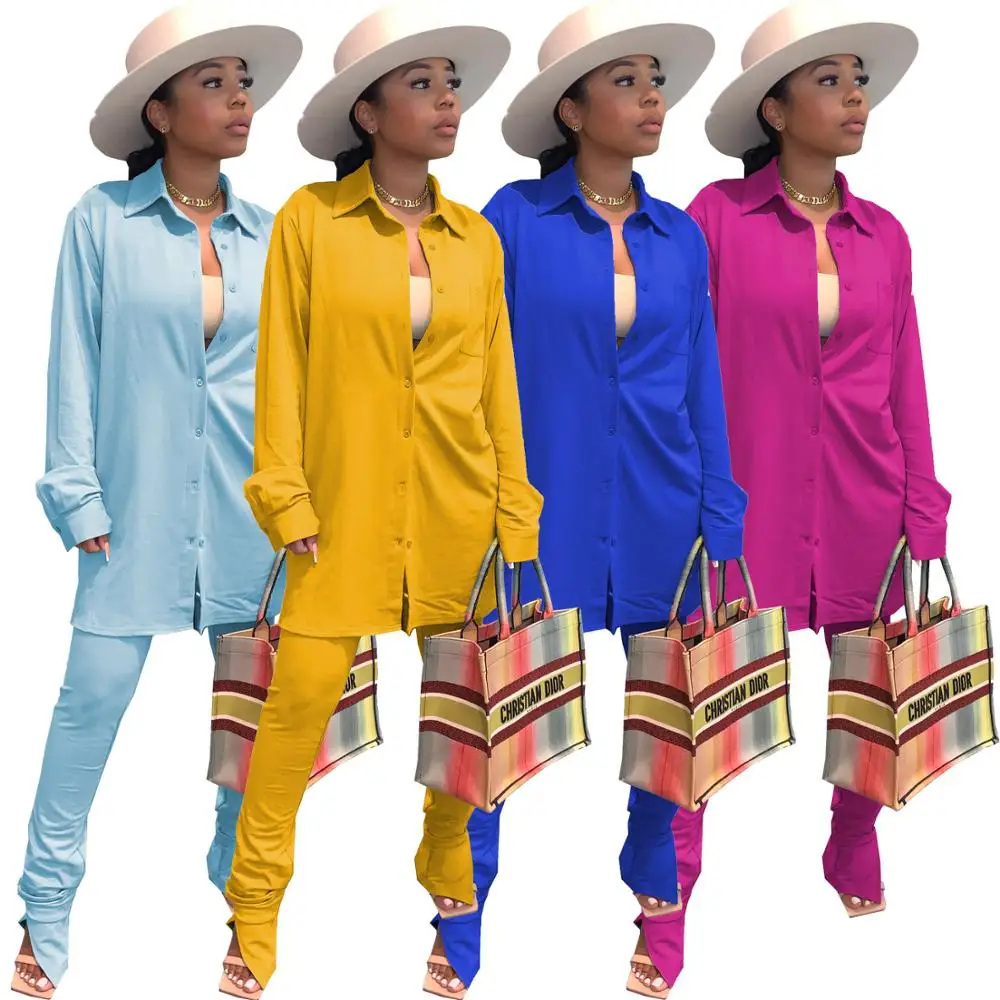 

Echoine Solid Fall Long Sleeve Elegant Shirt Split Pencil Pants Two Piece Set Chic OL Office Ladies Fashion Suits Womens Cloth