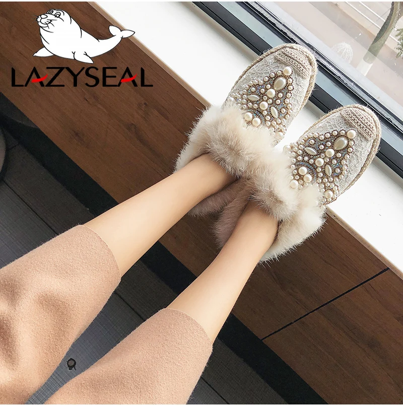 LazySeal/ г. Зимняя женская обувь на натуральном меху женские ботинки с бусинами на плоской подошве