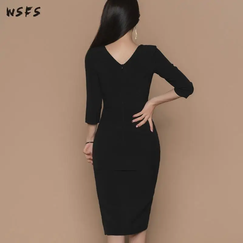 Осеннее женское платье Vneck с коротким рукавом черные корейские платья бандажные Сексуальные вечерние винтажные элегантные обтягивающая юбка-карандаш средней длины одежда с запахом
