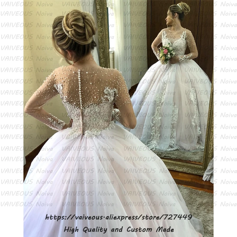 Gelinlik Роскошные Жемчужные Свадебные платья Vestido De Noiva прозрачные кружевные бальные платья с длинным рукавом свадебное платье Robe de Mariee