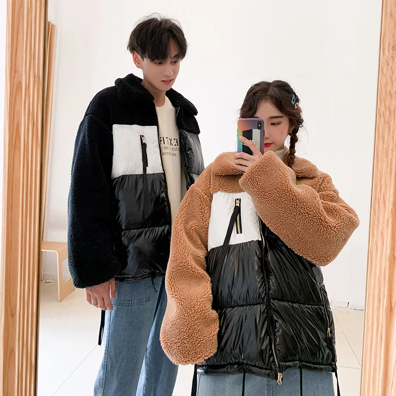 

Winter Lamb Fur Coat Men Warm Padded Fashion Contrast Color Casual Jacket Parka Men Streetwear Wild Loose Cotton Male Clothes