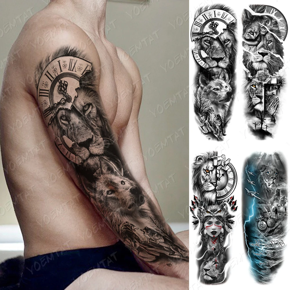 

Waterproof Temporary Full Arm Tattoo Sticker Lion Tribal Totem Warrior Clock Flash Tattoos Man Body Art Fake Sleeve Tatto Female