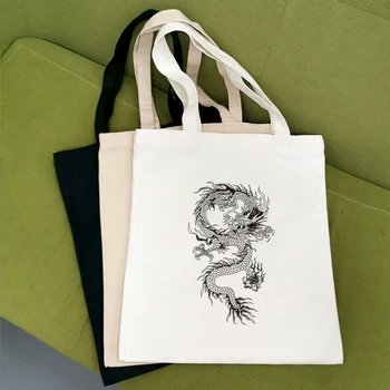 

Dragon Graphic Print Canvas Bag Female Shoulder Bag Vintage Fashion Eco Tote Shopping Bags for Women Harajuku Casual Books Bag