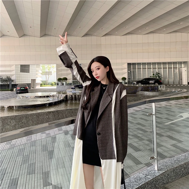 autumn new stitching trench coat in the long paragraph suit loose temperament long-sleeved blazer