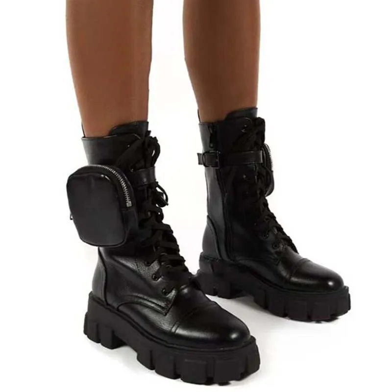 Botines con hebilla de bolsillo para Mujer, Botas de cuero con retales  brillante, con plataforma plana, para motocicleta, Invierno|Botas hasta el  tobillo| - AliExpress
