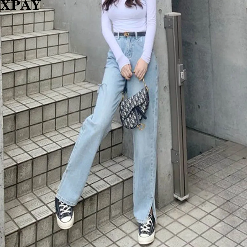 

Korean Chic High Waist Ripped Jeans 2020 Spring Fashion High Waist Straight Denim Pants Women Blue Streetwear Vintage Pants