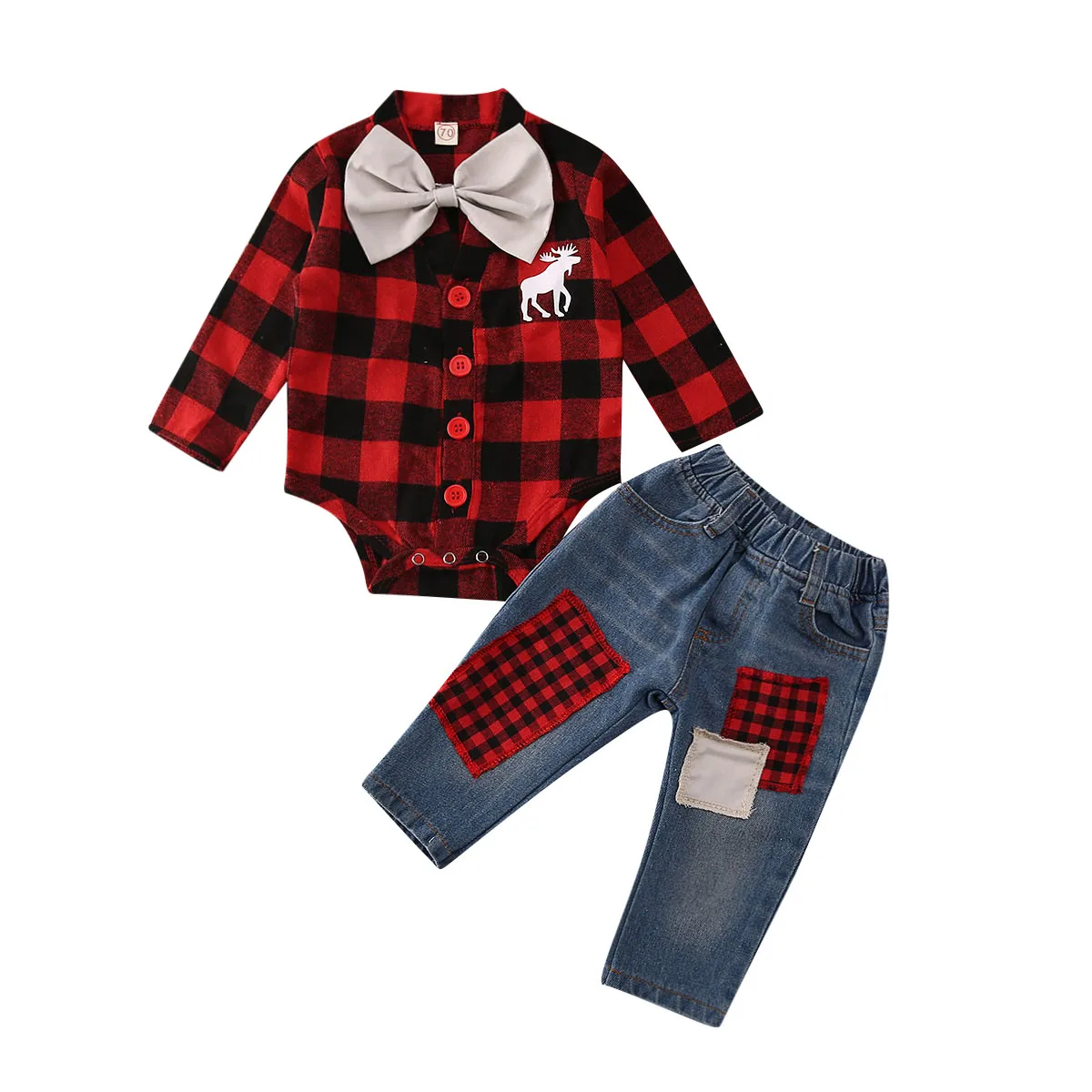 Рождественская Одежда для маленьких мальчиков рождественские топы, боди с длинными рукавами+ джинсовые штаны комплект одежды из 2 предметов