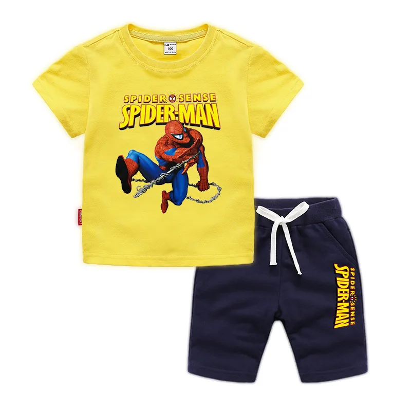 Yellow-Navy Детский комплект с короткими рукавами, летняя детская футболка из хлопка с круглым вырезом+ эластичные шорты спортивный комплект для мальчиков, Детский комплект - Цвет: Yellow-Navy