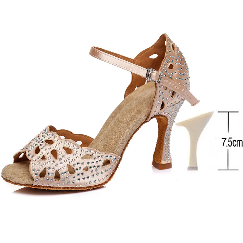 Beige 7.5CM HROYL Для женщин Латинской Танцы shinestone; женская обувь для девушек; для женщин; Танго танцевальные сандалии Сальса пикантные вечерние туфли на высоком каблуке 6/7. 5/8. 5/10 см - Цвет: Beige 7.5CM
