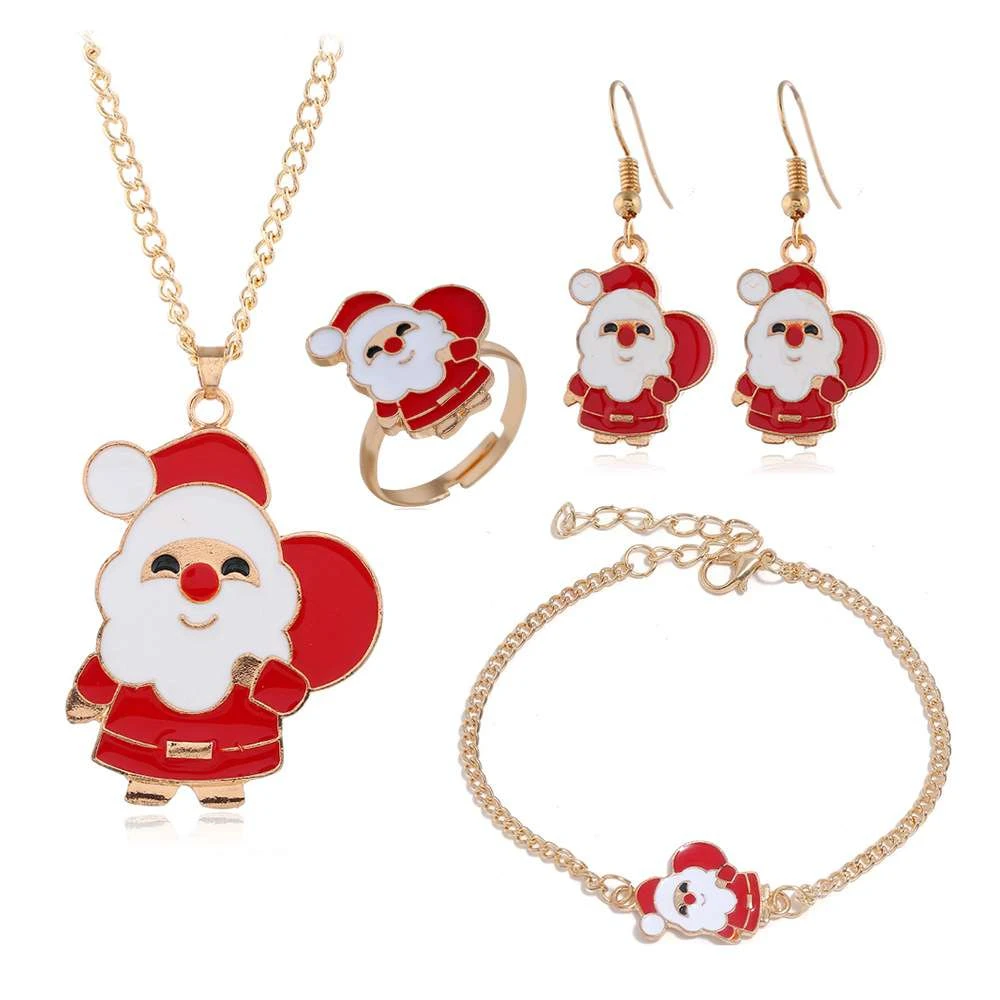 Модный Рождественский ювелирный набор для женщин и девочек, Рождественский Санта-Клаус, колокольчик, ожерелье «Олень», серьги, браслет, кольцо, вечерние подарки - Окраска металла: C