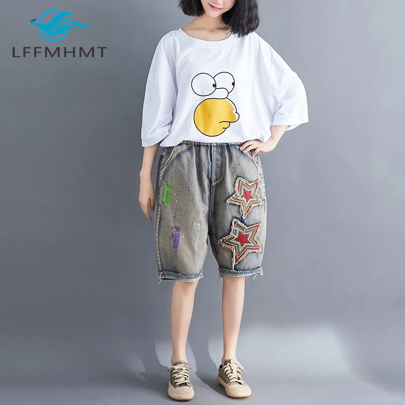 Women Summer Fashion Korea Style Vintage Frayed Pentagram Embroidery Patchwork Denim Jeans Shorts Female Casual Loose Hole Short
