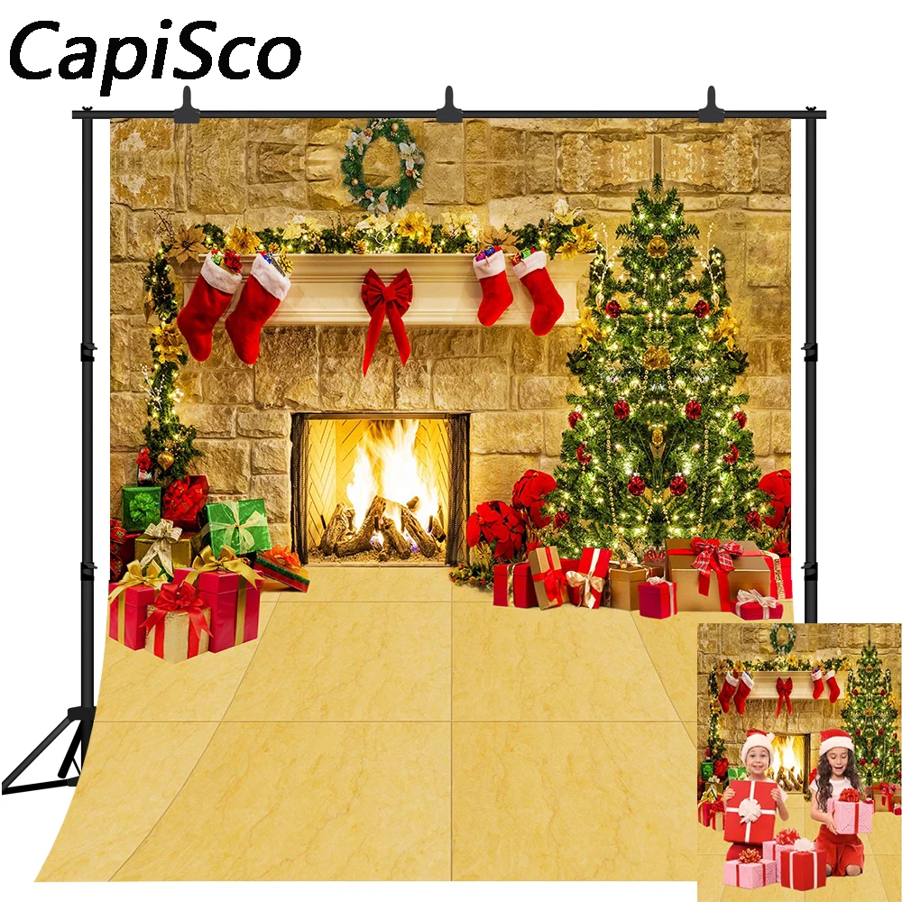 

Capisco Christmas Tree Backdrop Fireplace Photo Background Brick Wall Photography Backdrops Santa Claus Sock Photo Studio
