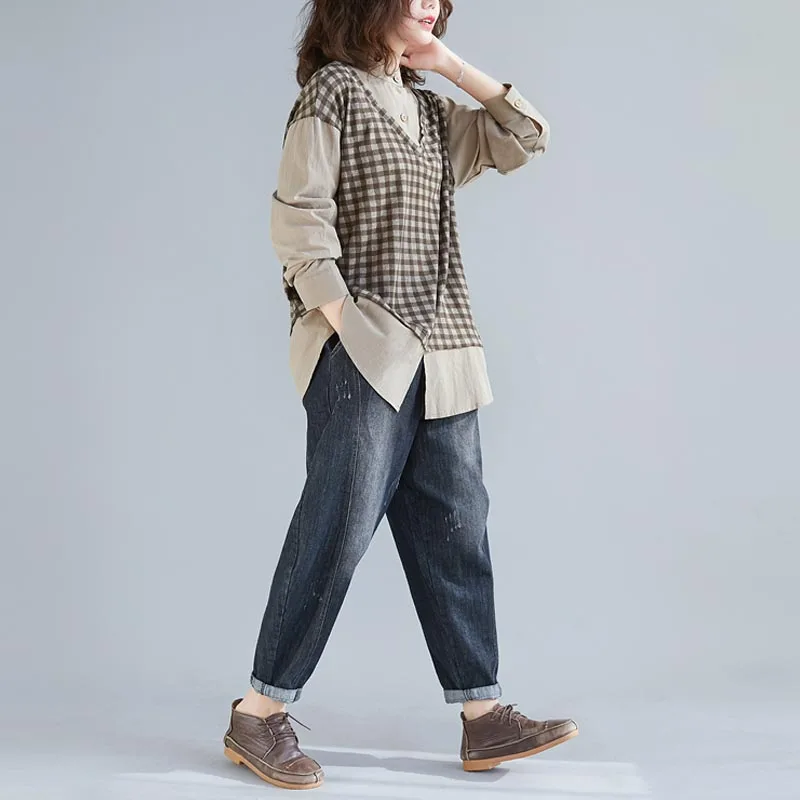 Новинка, осенняя женская блузка размера плюс 4XL 5XL 6XL, хлопковые льняные клетчатые рубашки, длинный кашемировый кардиган, рубашка, Roupa Feminina