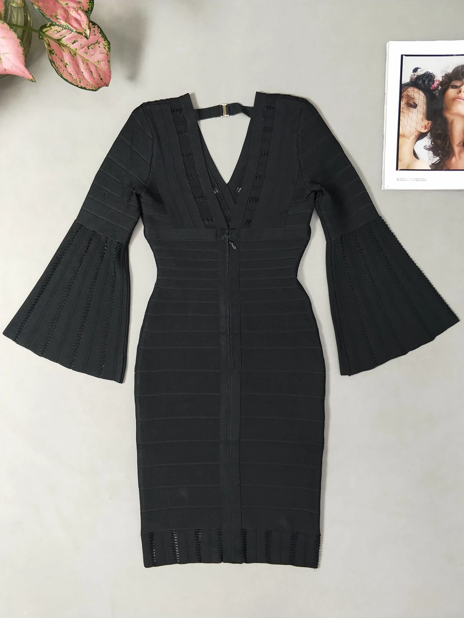 Бандажное черное фиолетовое вискозное женское Бандажное платье Vestidos с расклешенными рукавами офисное дамское коктейльное платье для вечеринки платье HL длиной до колена
