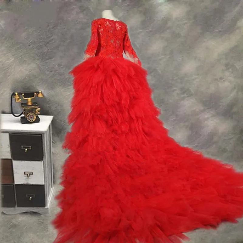 Real Picture Custom Flower Girl Dress High Low Red Tulle Long Sleeve Girls Pageant Gown Birthday Party Gowns Kids Clothes | Детская