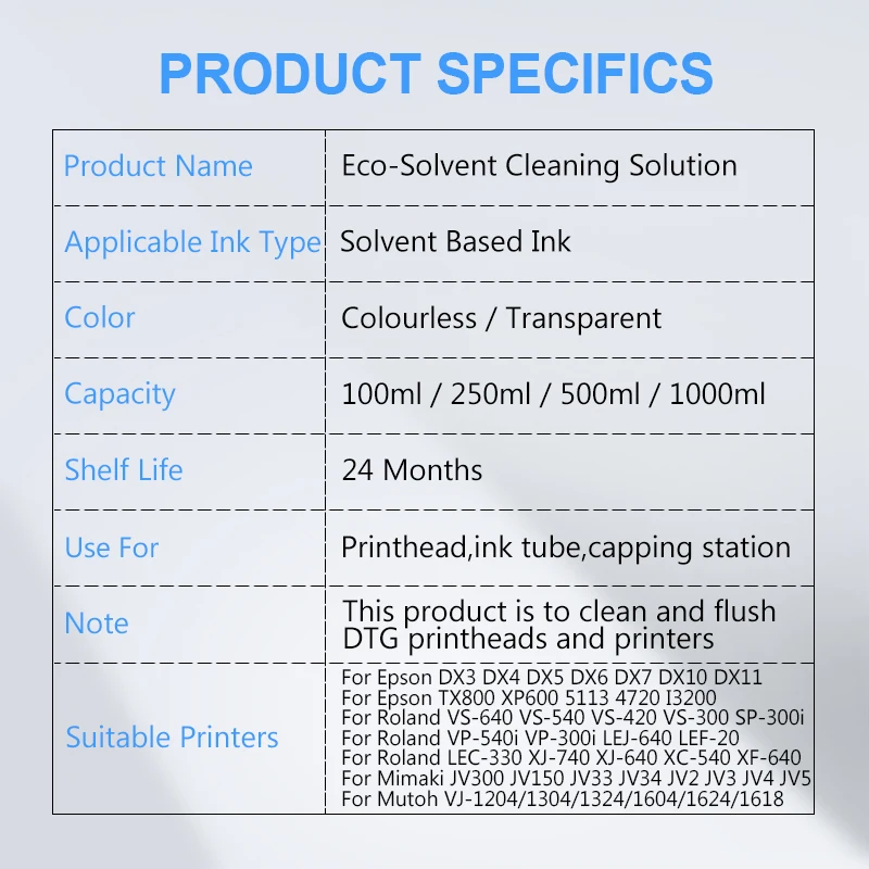 Eco-Solvent Ink Cleaning Solution For Epson/Roland/Mimaki/Mutoh 1390 L800 L1800 DX5 DX7 TX800 XP600 5113 4720 I3200 Printhead inkjet printer cleaning kit printer cleaner