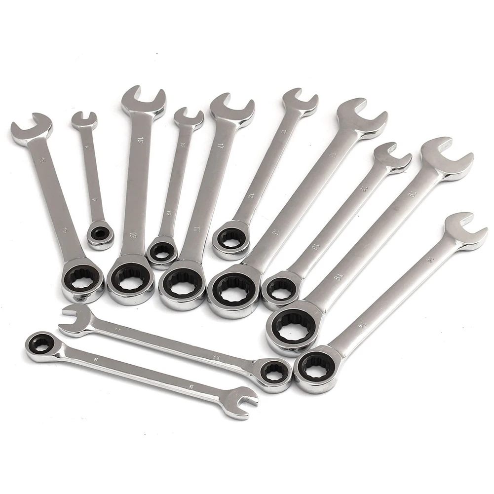 

12pcs Universal Spanner Open End Repair Tools Handle Car Multifunctional Fixed Head Auto Ring Metric Home Wrench Set Ratchet
