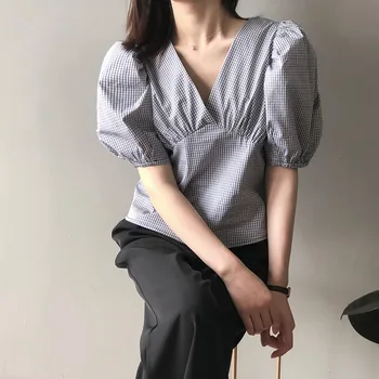

Summer Short Sleeve Blouse Japan Korean Chic Girls Shirt Female Short Brit Graphics V-neck Puff Sleeve Plaid Shirt Women