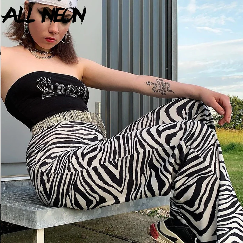 

ALLNeon Womenâ€˜s Long Pants Zebra Pattern Skinny Straight Pants Vintage High Waist Pants Rave Festival Pants E girl Streetwear